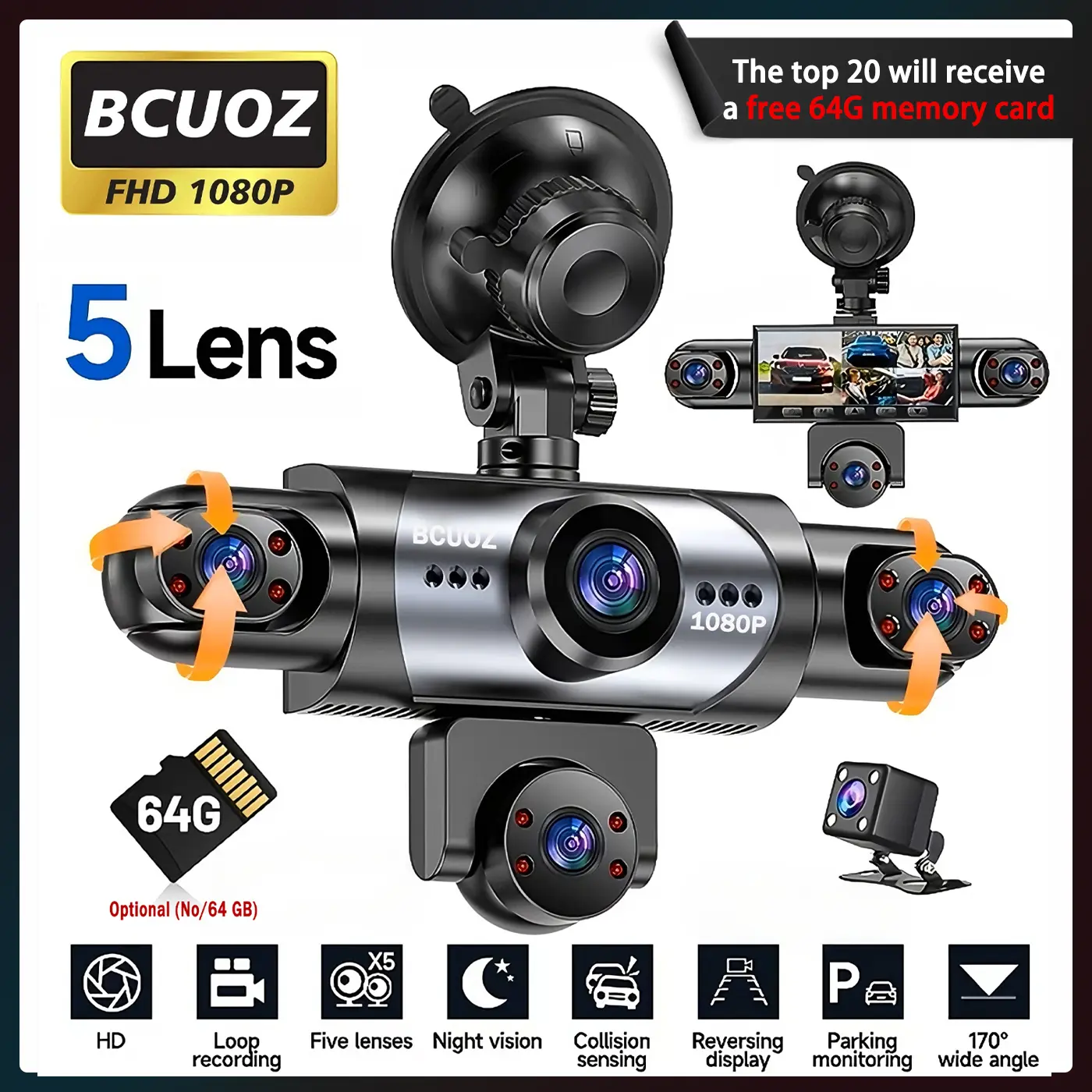 5-Channel 360° View Car DVR Camera, Interior Dashcam with Front, Rear, Left & Right Lenses, Loop Recording, G-Sensor, Reversing Display for Driving Safety