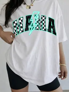 MAMA Graphic T-Shirt for Women, Retro Checkerboard and Neon Lightning Design, Bold and Trendy Style, Perfect Gift for Moms, Casual Everyday Wear Gift for Moms, Casual Everyday Wear