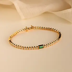 Emerald Baguette Tennis Bracelet by Caitlyn Minimalist - Vintage Emerald & Diamond Eternity Bracelet in Gold - Statement Bezel Gemstone Bracelet - Anniversary Gift for Her