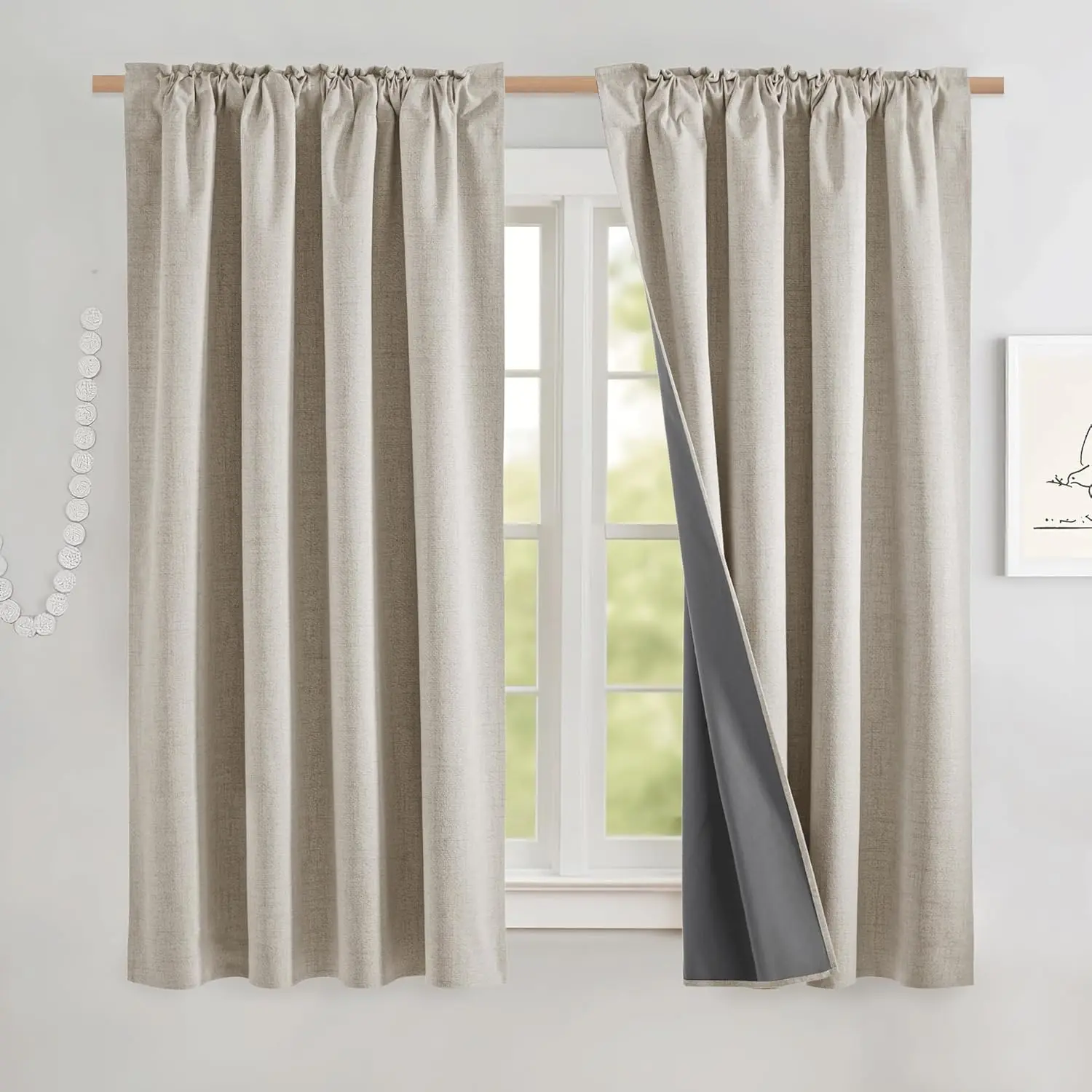 NICETOWN Natural Short 100% Blackout Curtains 63" Lenghth Burg for Kitchen, Burlap Linen Drapes with Thermal Insulated White Liner, Keeping Out Cold Air and Heat Panels (Set of 2, 52" Width)