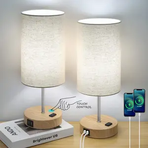 2Pcs Touch Control Table Lamp, with 2 USB Charging Ports&AC Outlet, 3-Way Dimmable Bedside Nightstand Lamps with Fabric Lampshade Modern Mood Lighting for Reading, Bedroom, Living Room, A19 LED Bulbs Included