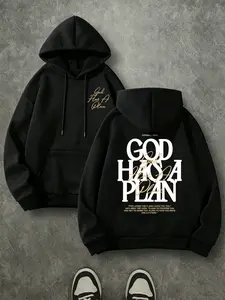 God Has A Plan Double Print Hoodie, 270G Brushed Fleece Gold Cursive Front & Bold Back Christian Hooded Sweatshirt, Religious Inspirational Streetwear Pullover For Men Women