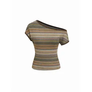 Cider Striped Asymmetrical Neck Short Sleeve Top