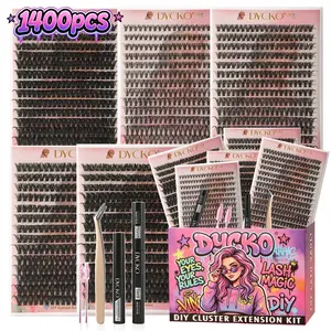 DYCKO 1400Pcs DIY Eyelash Extension Kit - 10-in-1 Mega Value Set with 5 Mixed Style Trays (30D-100D), Professional Bond & Seal, Remover & Tweezer, 72H Waterproof Vegan Long-Lasting Starter Kit, DIY Lash Clusters