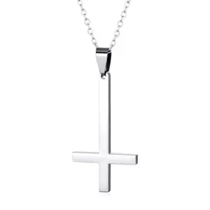 Simple Inverted Cross Necklace Pendant Men's Punk Gothic Evil Demonic Symbol Power Alternative Stainless Steel Jewelry