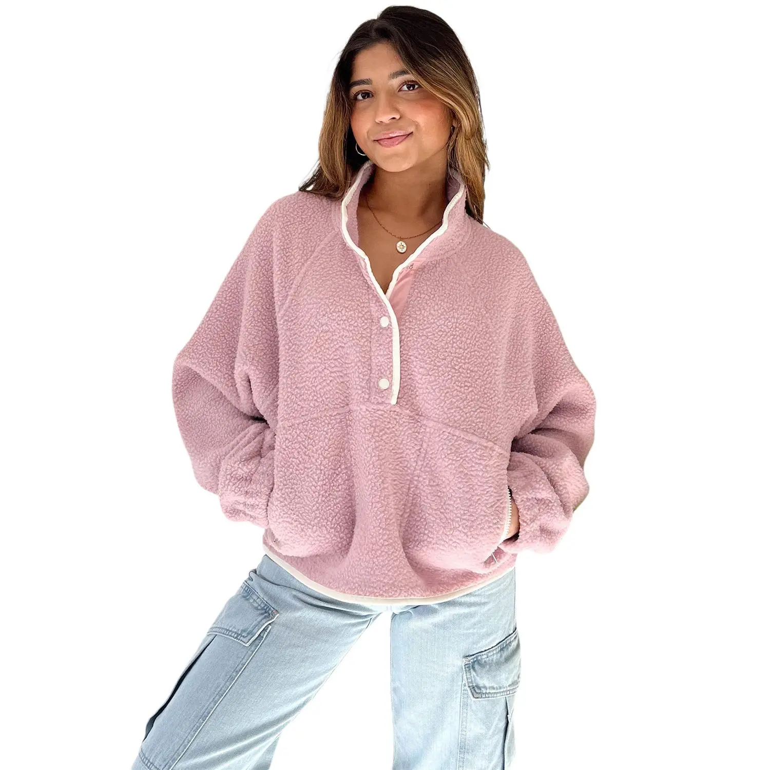 Women's Fuchsia Plush Sweatshirt with Stand Neck, Half Button, and Zipped Pockets
