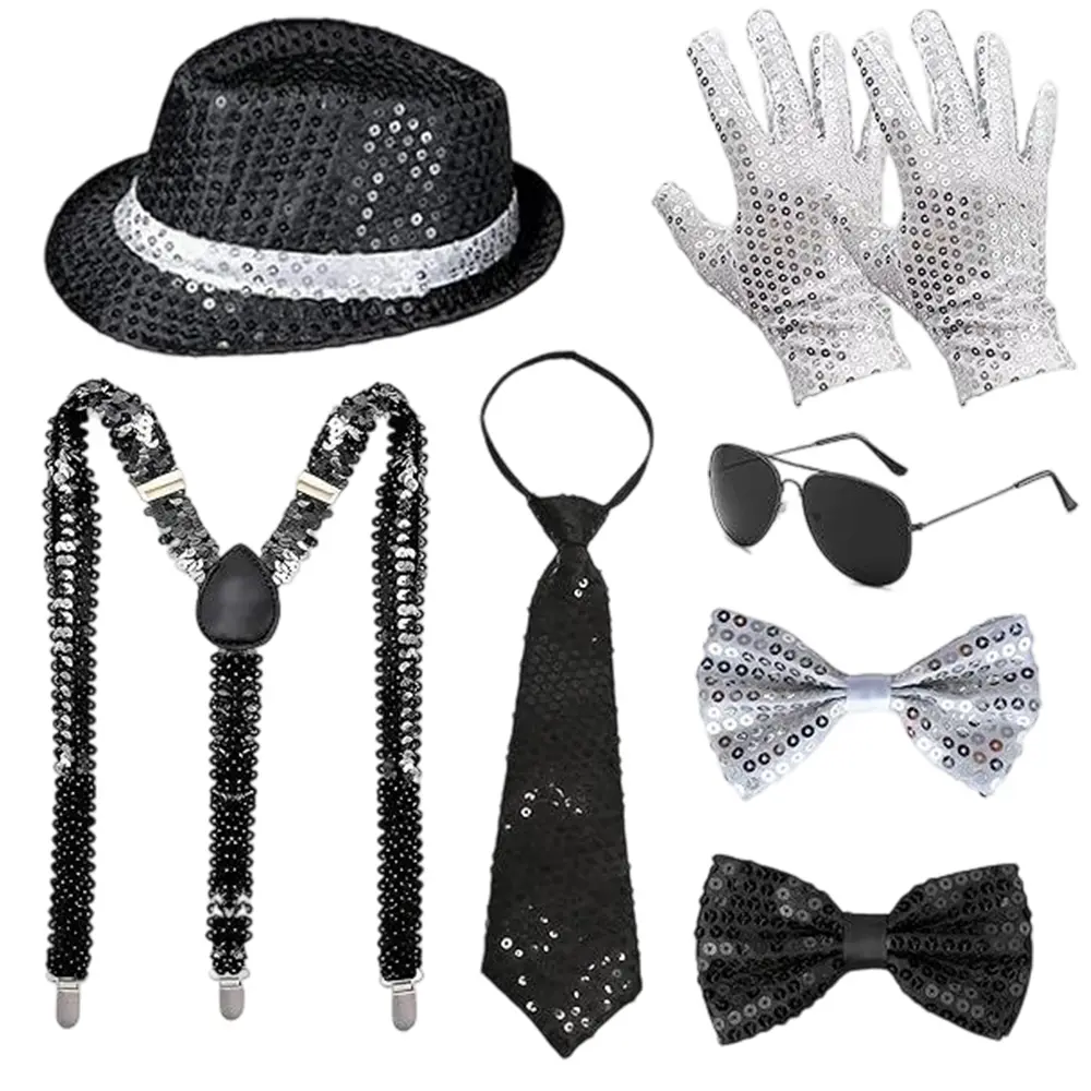 Men's 70s 80s Disco Costume Accessory Set, Black Fedora Hat, Sequined Gloves, Sunglasses & Sequin Tie, Retro Stage Outfit Kit for Disco Night, Cosplay, Halloween & Themed Party Dress Up