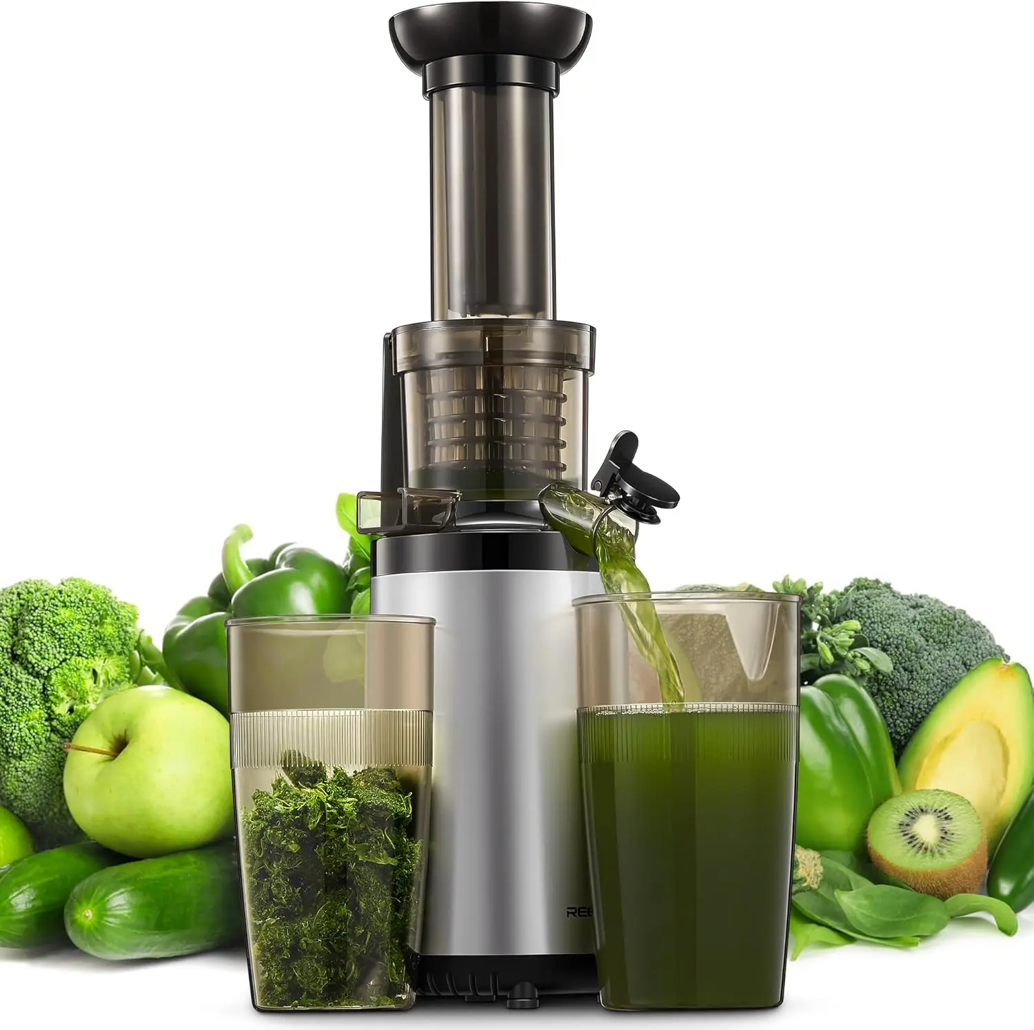 Reemix Slow Masticating Cold Press Juicer - Corded, Space-Saving Compact Family Juice Extractor, BPA-Free Tritan, Nutrient-Dense for Healthy Juices, Easy to Clean
