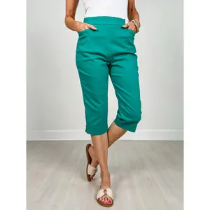 Flat Front with Elastic Waistband Capri Pants in Emerald
