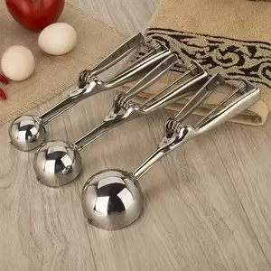 3pcs Ice Cream Scoop Stainless Steel Kitchenware, Cookie Scoop Set, Stainless Steel Cookie Dough Scoop, Baking Set, Silver Color, Sml Sizes