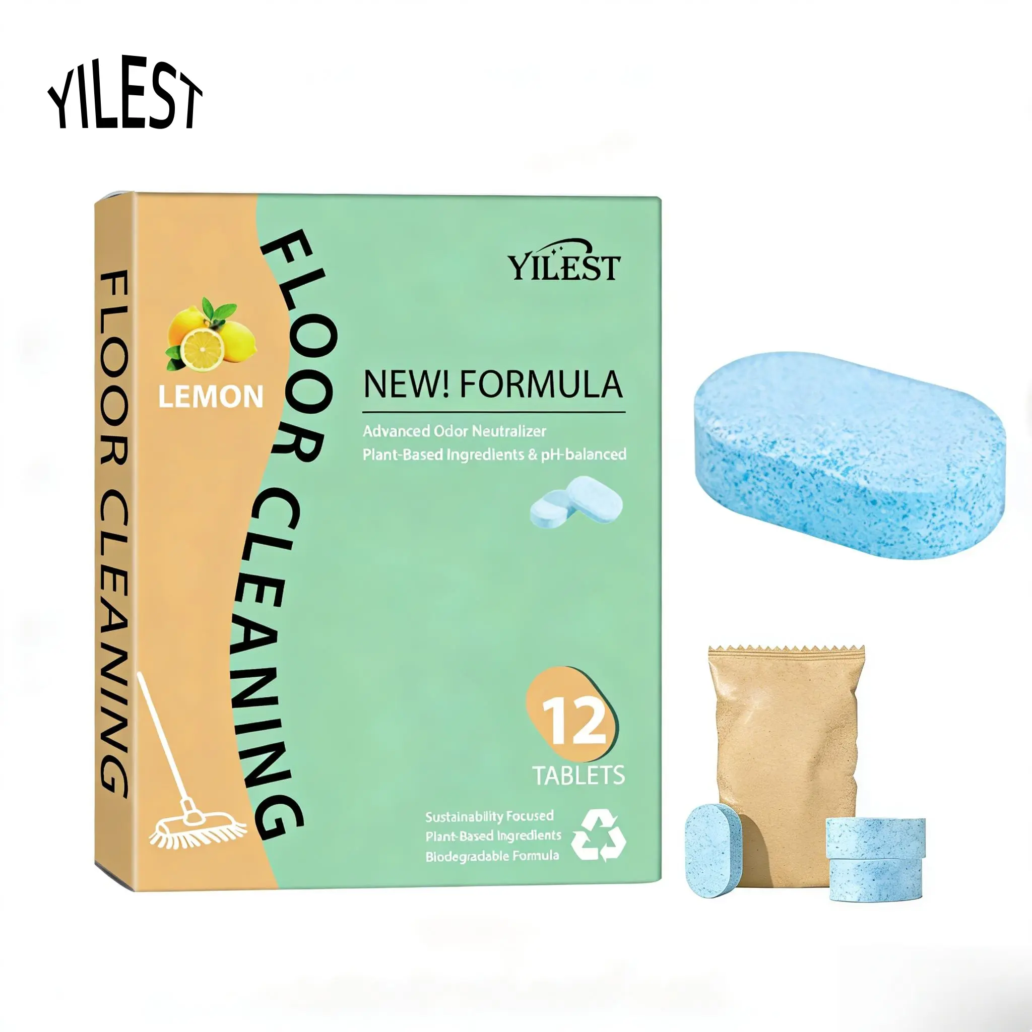 YILEST 12-Count Pre-Dosed Floor Cleaning Tablets Household, Fresh Lemon Scented Eco-Friendly Indoor Cleaner - Non-Chemical, Fully Biodegradable, All-Floor Safe, Multipurpose Nanofiber-Compatible Odor Neutralizer