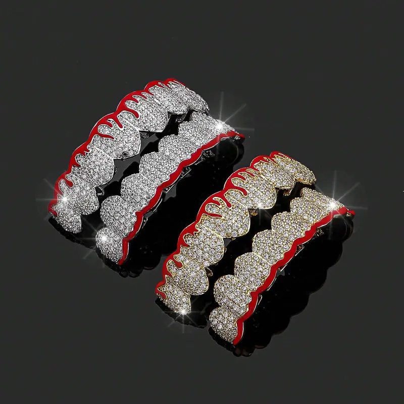 2pcs/ set Hip Hop Cubic Synthetic Zirconia Bleeding Teeth Grillz, Top Bottom 8 Adjustable Teeth Grillz, Halloween Cosplay Rapper Tooth Jewelry Oral Unisex Heart Bracelet Classic Magnetic Copper Necklace Gift cross vintage black