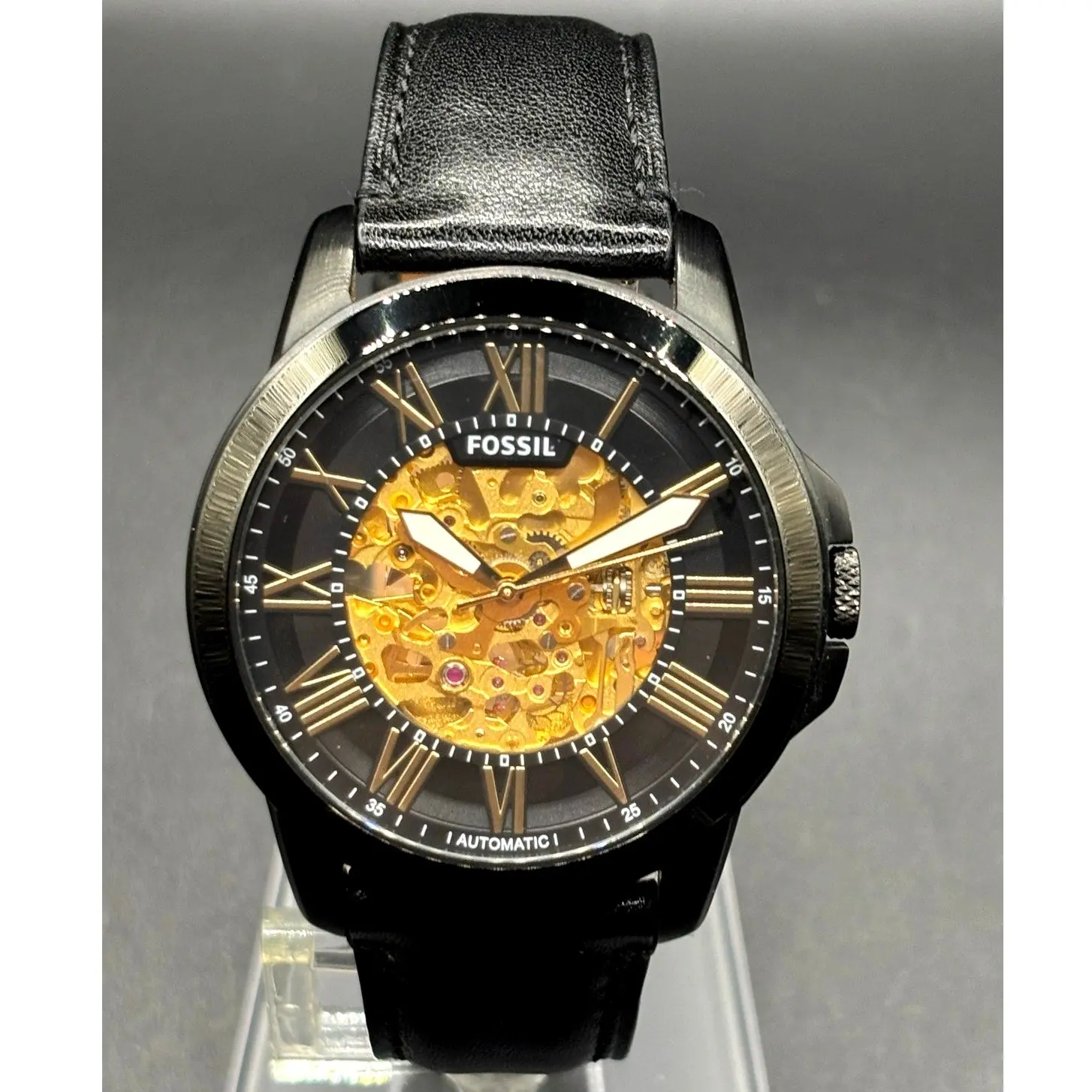 Fossil Grant ME3094 Automatic Skeleton Black Leather Men’s Watch 45mm