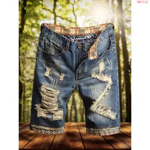 Bmuvlss One pair of Men's ripped shorts. It's a new summer style with a retro washed and ripped design. It's fashionable and versatile, made of fabric, which is comfortable and breathable, and it's a mid-thigh length(five-point length) shorts.