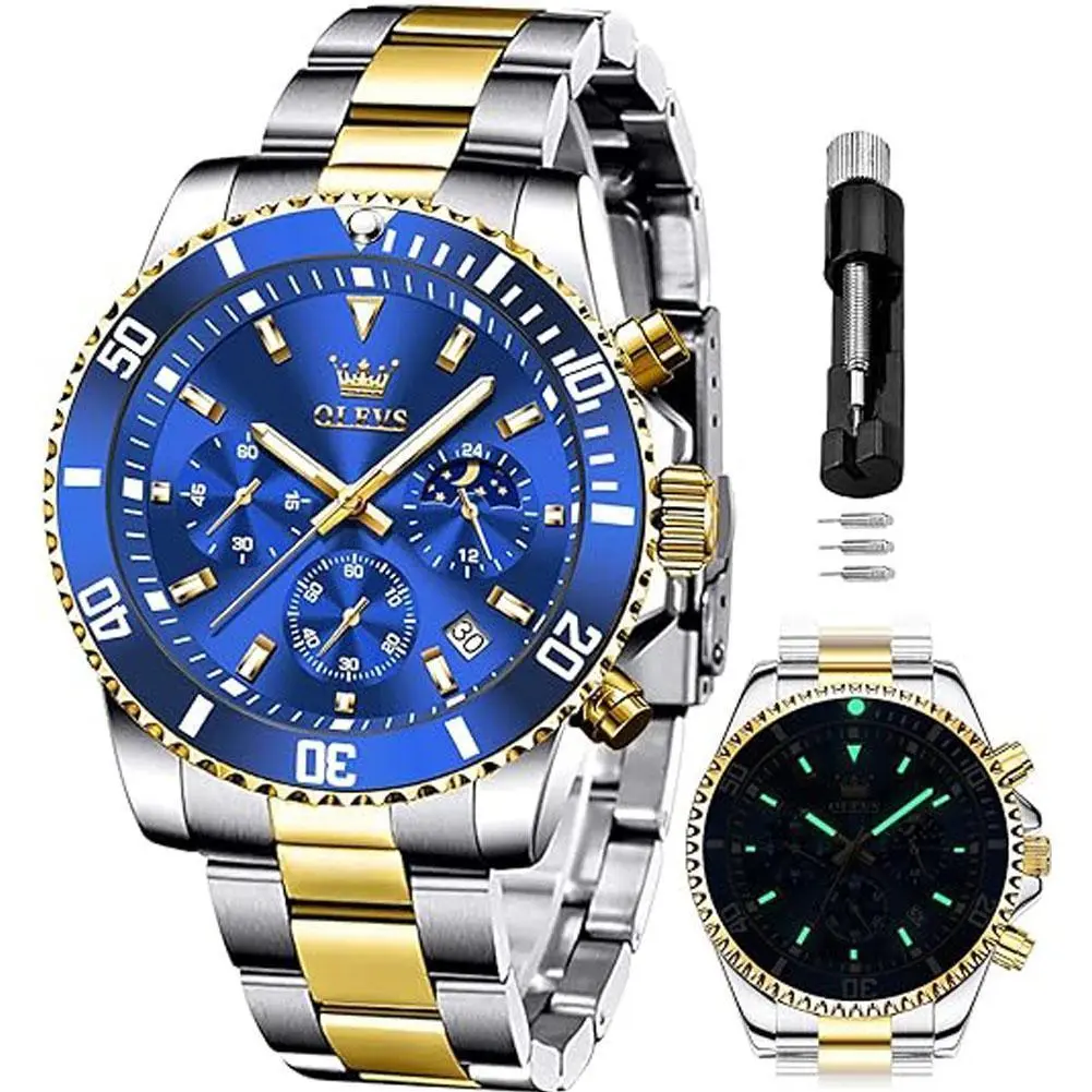 OLEVS Mens Watches Chronograph Luxury Dress Moon Phase Quartz Stainless Steel Waterproof Luminous Business Calendar Wrist Watch 2870