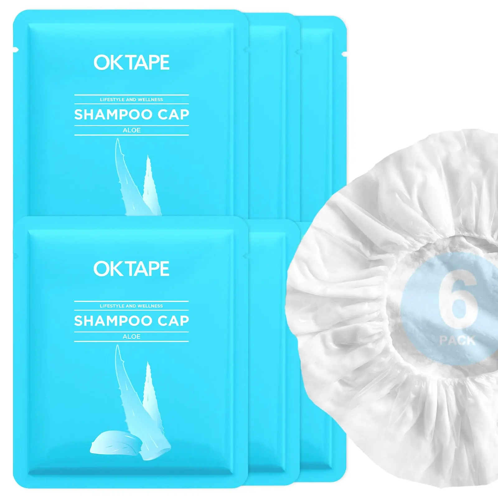 OK TAPE No Water Shampoo Cap (6 Packs), Microwaveable Rinse Free for Bedridden Patients or Elderly, Waterless Shampoo and Condition Hair, Aloe Vera Fragrance Shower