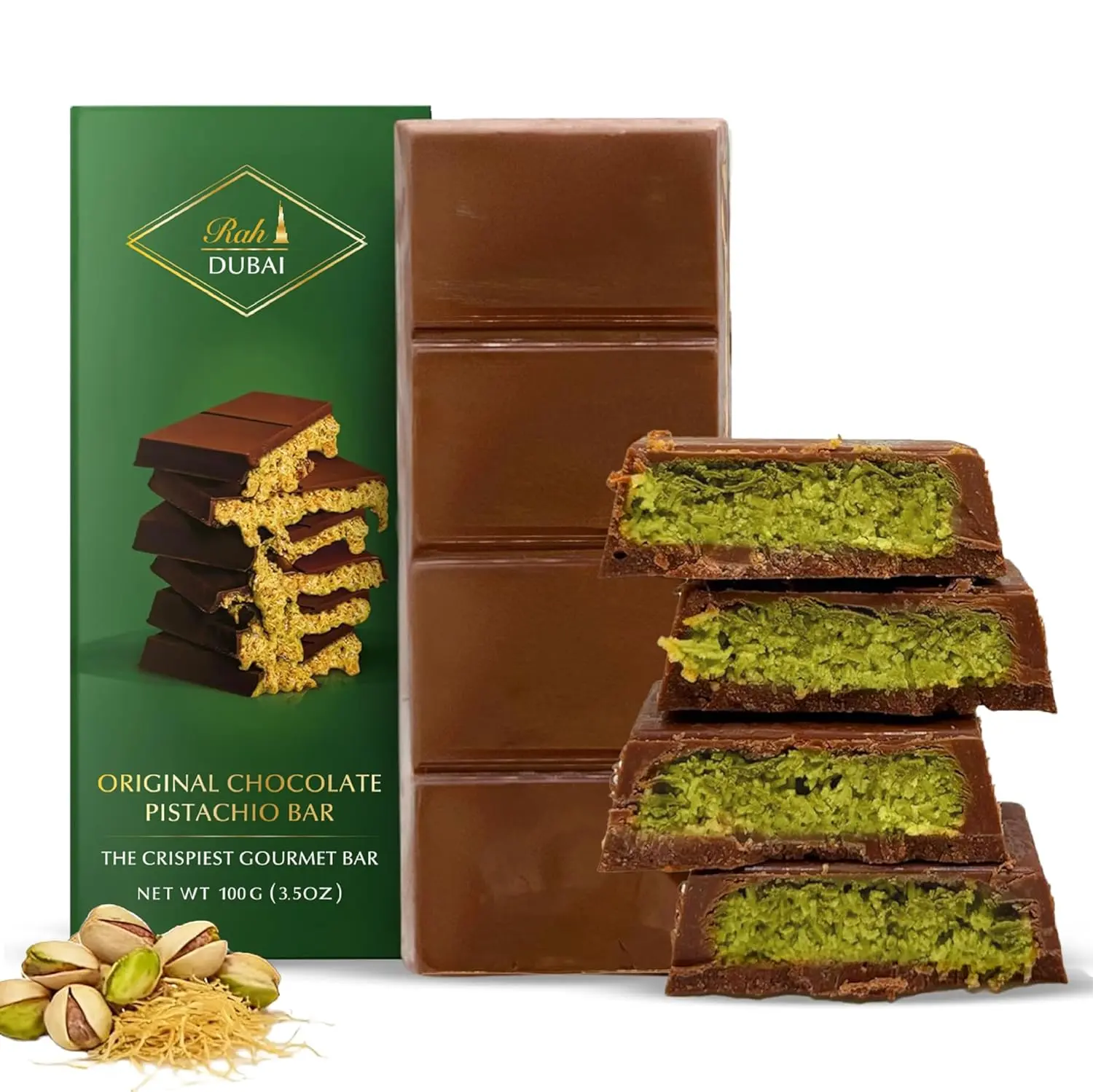 Rah Dubai Chocolate Bar Pistachio, 3.5oz - 100g, Premium Pistachio Chocolate Dubai Bar | Loaded with Kunafa | The Crunchiest Kataifi Delight Perfect for Sharing, Viral Candy with Shredded Phyllo Dough