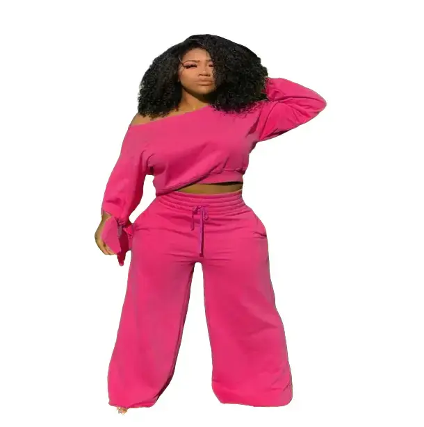 Ataraxia Pink Off-Shoulder Crop Top & High-Waisted Wide-Leg Pants Set for Women Stylish Comfortable Outfit Plain Design Trendy Flattering Fit Casual Fashion