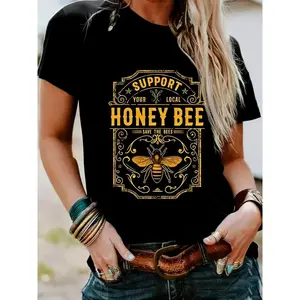 Women's Honey Bee Print Round Neck Graphic Tee, Vintage Trendy Casual Short Sleeve T-shirt for Daily Wear, Ladies Summer Outfit
