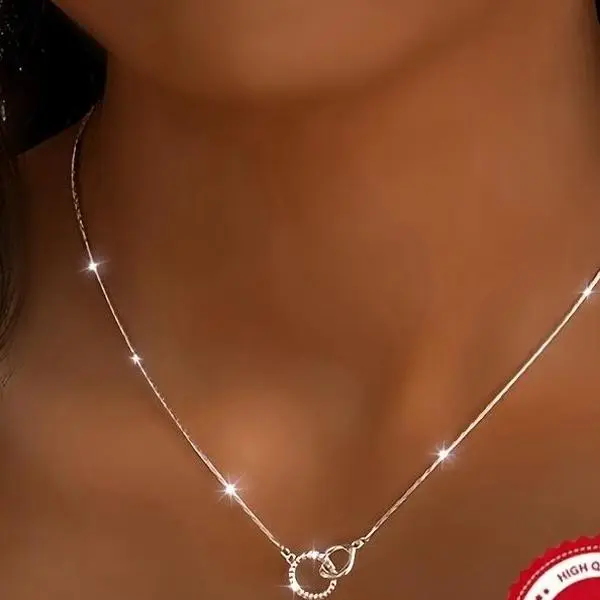 925 Silver Geometric Circle Necklace for Women - Unique Design with Interlocking Circles, 15.75 Inch, Elegant Style, All Fit, Gift-Giving Occasion
