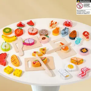 Wooden Cutting Food Toy, 1 Set Fruit Or Vegetable Or Seafood Design Simulated Cutting Toy, Reusable Pretend Play Toy Play Kitchen Accessories for Boys & Girls