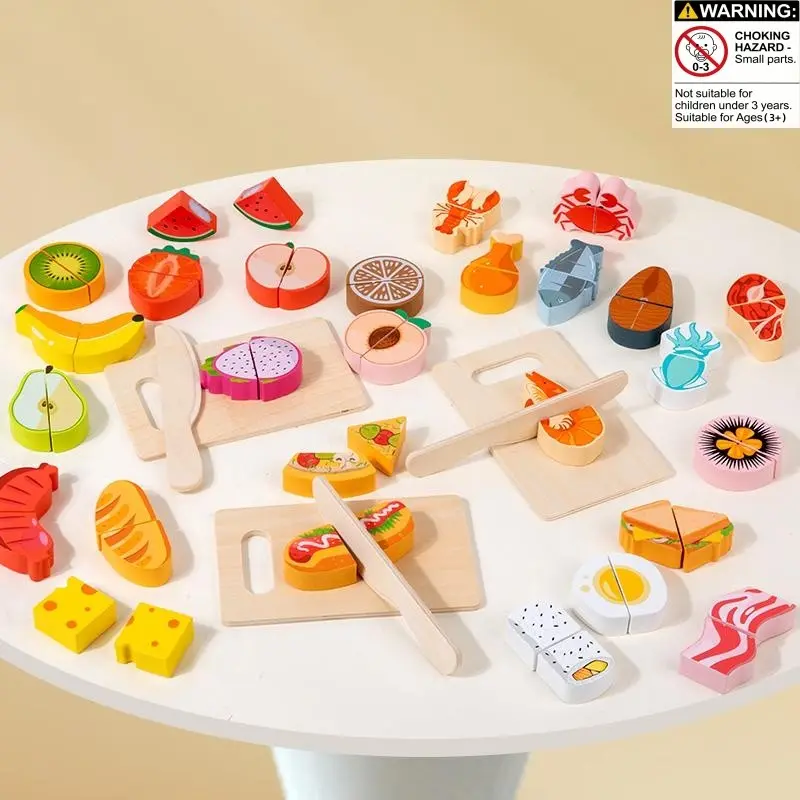 Wooden Cutting Food Toy, 1 Set Fruit Or Vegetable Or Seafood Design Simulated Cutting Toy, Reusable Pretend Play Toy Play Toddler Kitchen Accessories for Boys & Girls