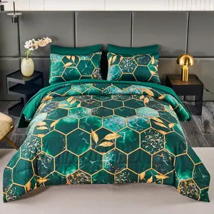 3D Marble King Size Comforter Set, 7Pcs Emerald Green Geometric Hexagon Bed in A Bag, Foil Print Comforter Bedding Sets with Sheets Pillowcases (Green King)