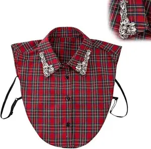 Red Christmas Plaid Rhinestone Detachable Collar for Women – Faux White Shirt Collar Accessory