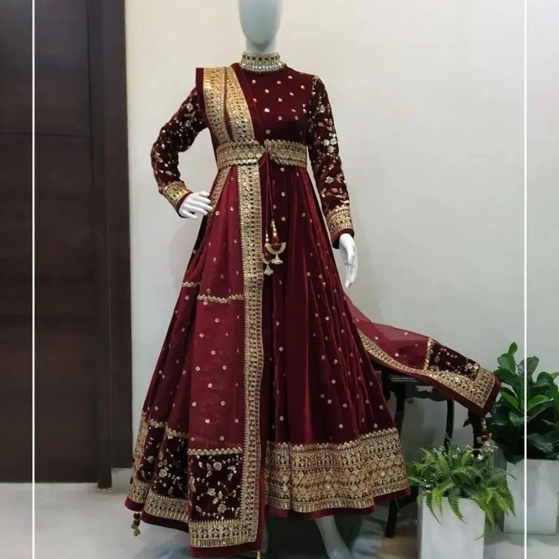 Gorgess Velvet Dress with Heavy Work Dupatta - Maroon Anarkali Suit Womenswear Outfit