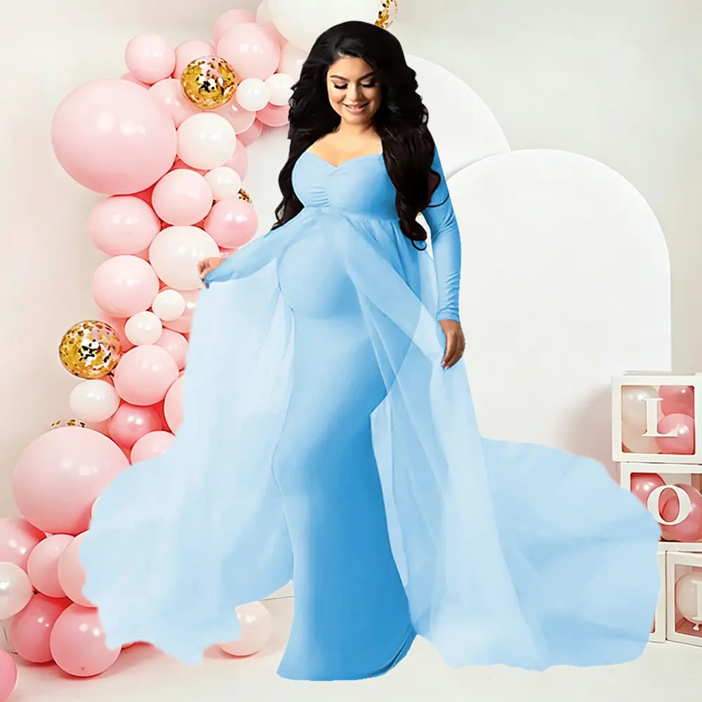 Maternity Elegant Off-Shoulder Maxi Dress V Neck Slim Fit Baby Shower Gown Pregnancy Photography Dress with Tulle Train