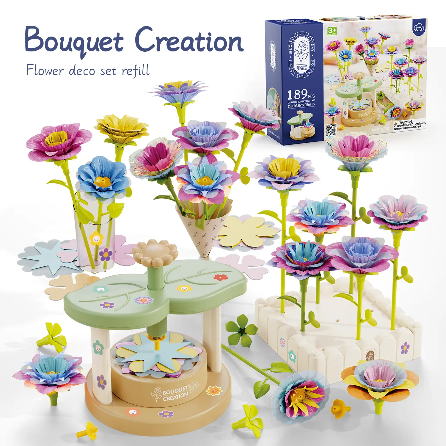 189 PCS Kids' DIY Fabric Flower Bouquet Craft Kit - STEM Arts & Crafts Set with Flower Press Machine, Educational Gift for Girls Ages 3+ (Birthday/Christmas Present)