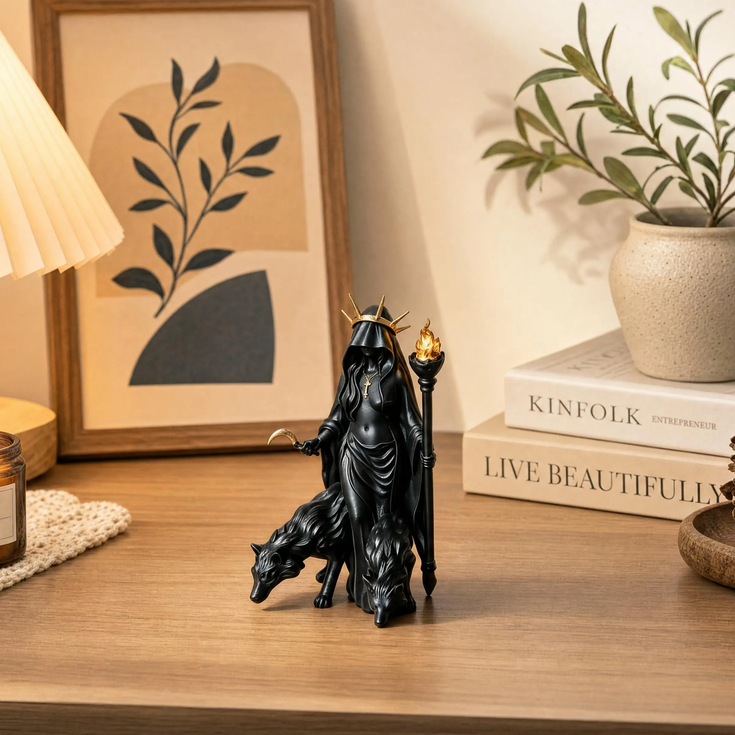 2 Styles Hecate Goddess Resin Statue, Black Gold Triple Moon Witch Altar Decor Figurine