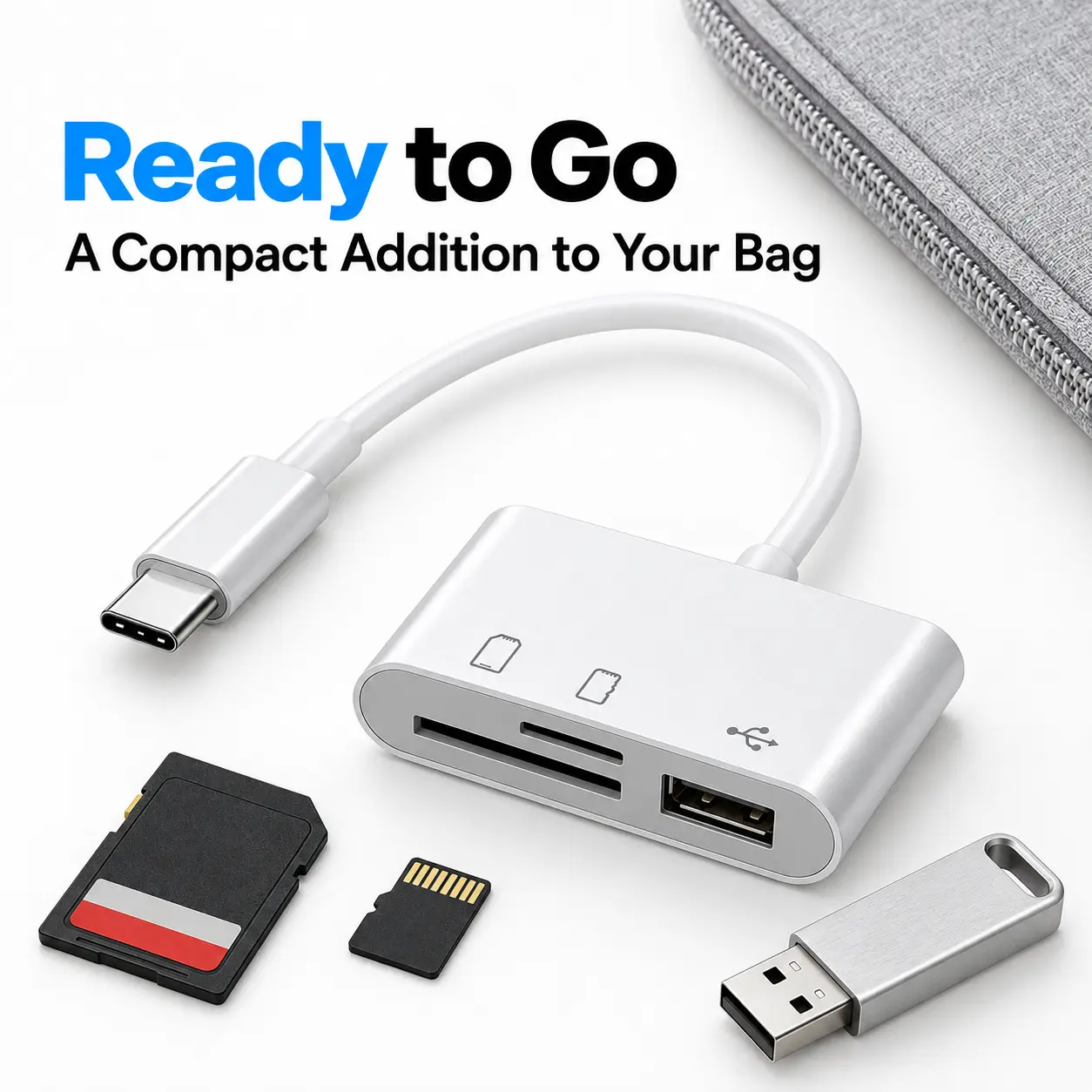 Media Card Reader, USB-C Adapter for Android Phones & iPhone 15 with Built-in iOS Connectors, Plug-and-Play, 2-Way Sync Fast Transfer for Photographers & Computers, Supports MicroSD & USB Devices, No App Required