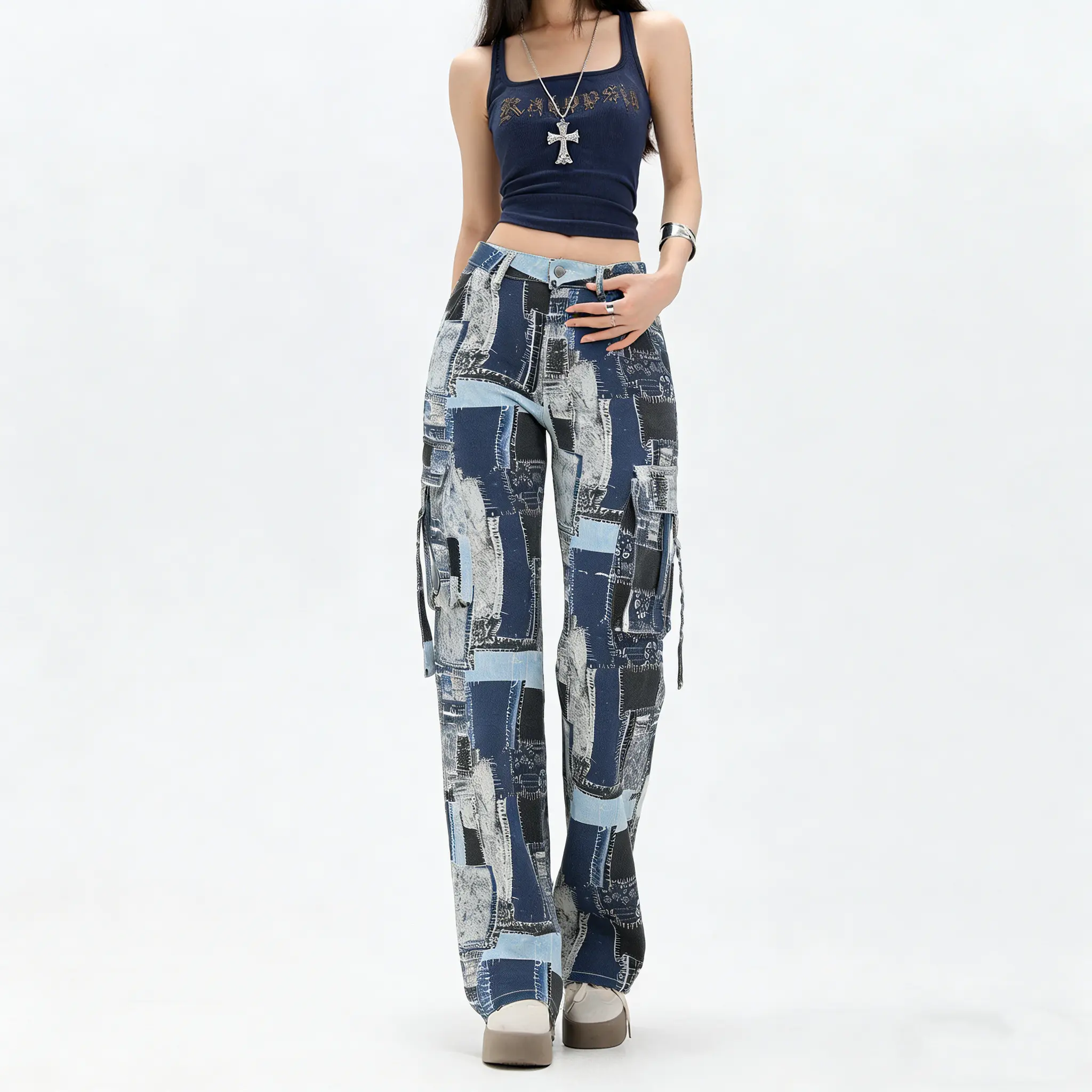 American design style spicy girl wide leg jeans with irregular print loose pants