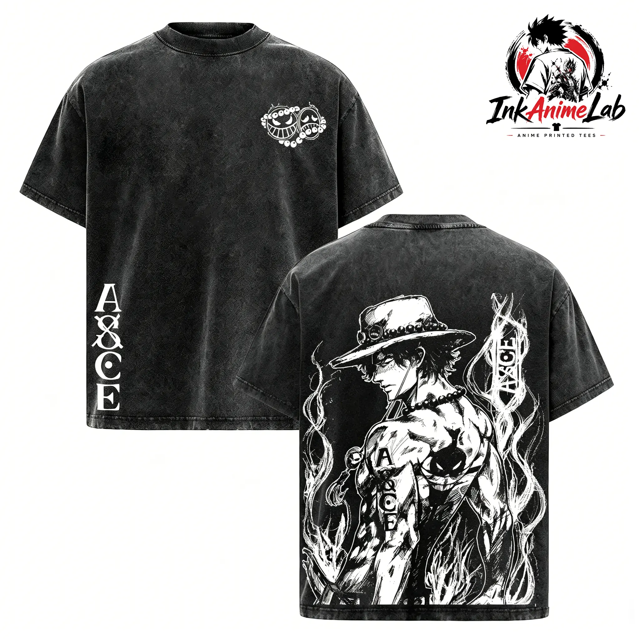 Portgas D. Ace Shirt – Washed Oversized Tee, Fire Fist Graphic, Retro Pirate Streetwear