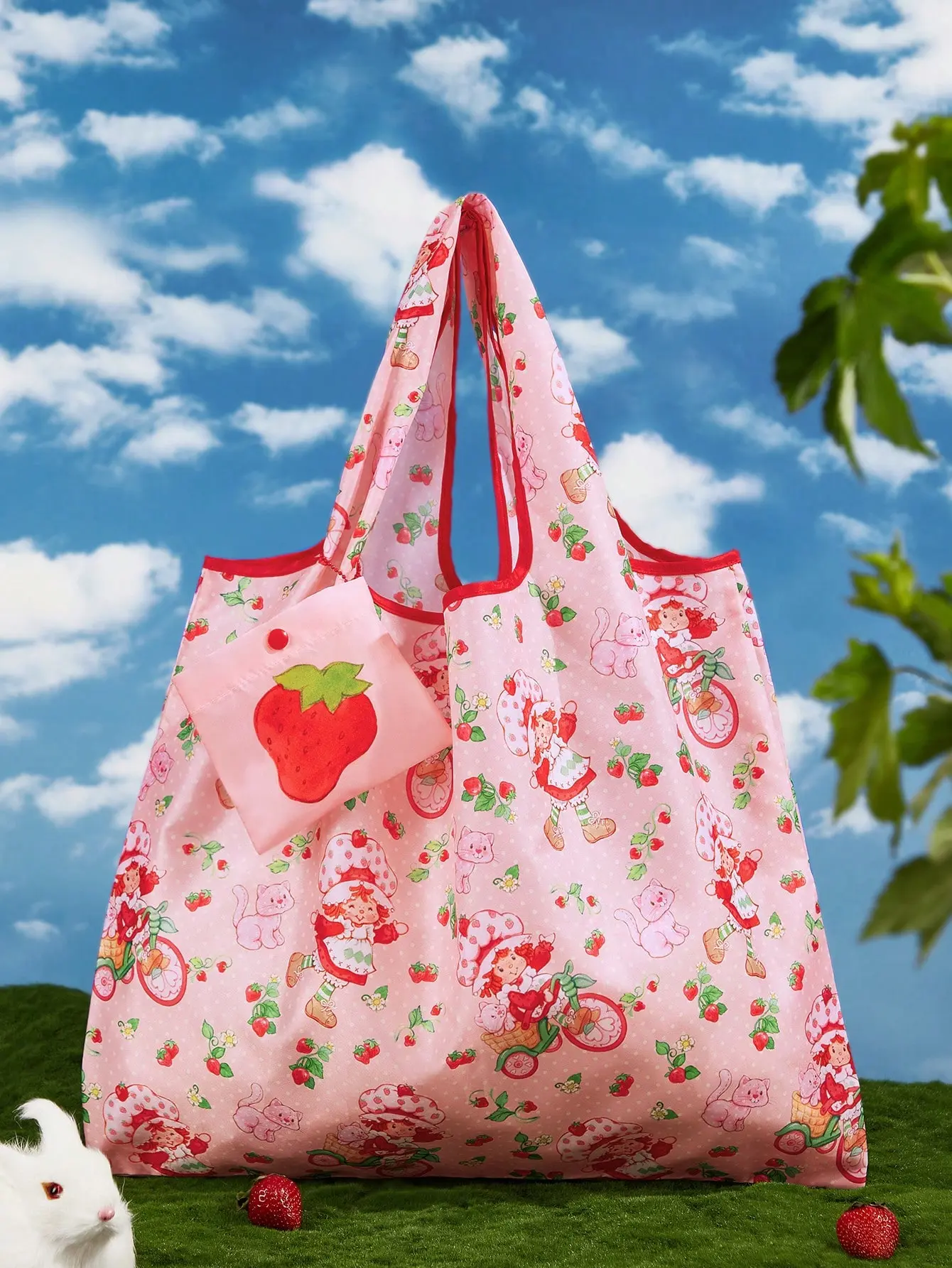 Strawberry Themed Foldable Shopping Bag - Cartoon Character, Strawberry Print, Color Block Design, Fashionable Cute Purse, Fashionable Shopping Bag, Strawberry Themed Bag
