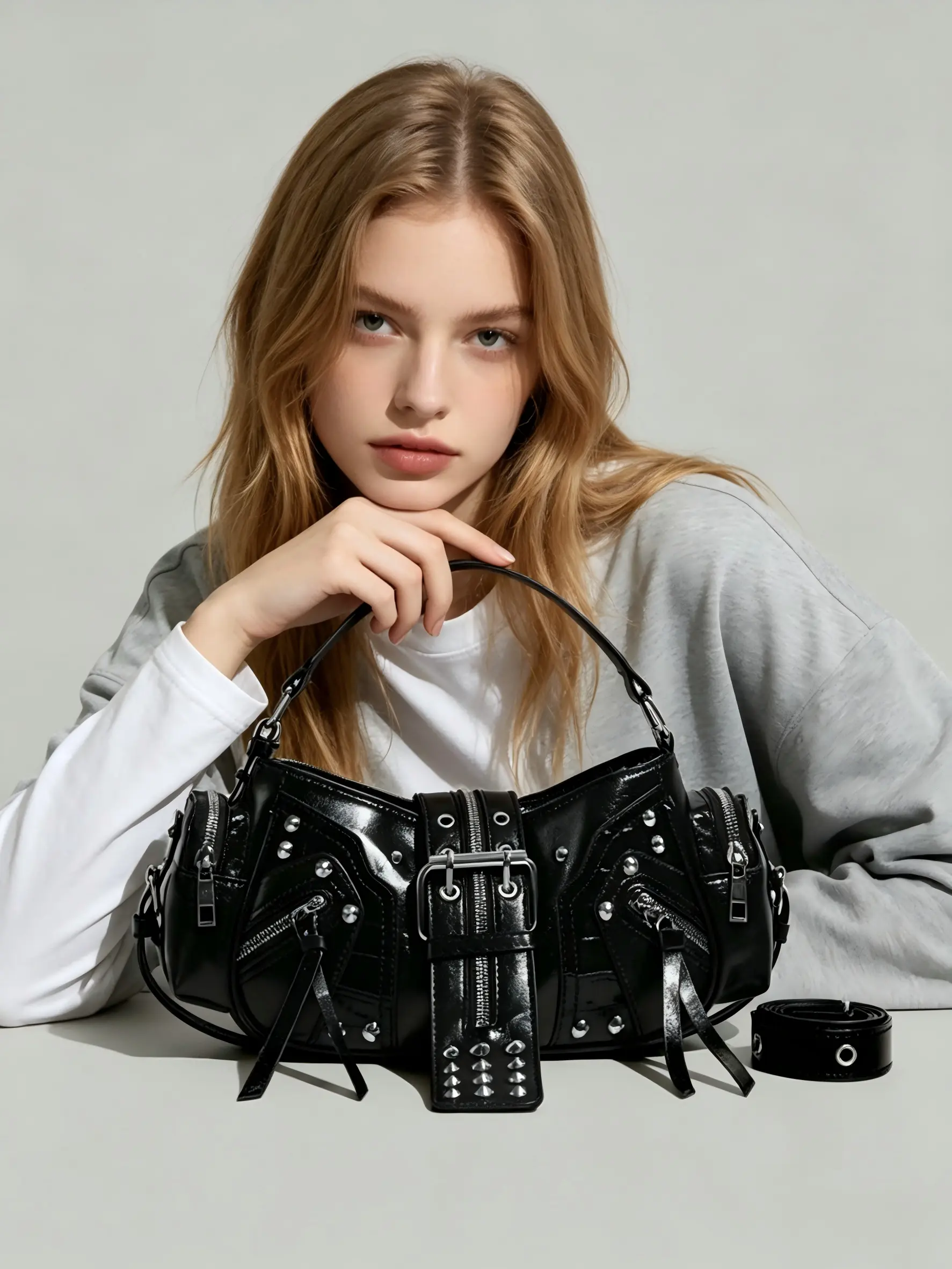 New Spring/Summer Motorcycle Bag, Y2K Girl Large Capacity Multi-Function Handbag, Rivet Shoulder Bag, Crossbody Bag, Underarm Bag With Unique Design, Fashionable Niche Deep Black Color, New Ladies Handbag