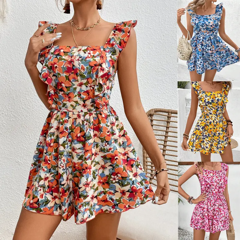 Sleeveless Square Collar Printed Elastic Waist Back Jumpsuit Dress Womenswear affordable romper Fabric Asian Check High Waist