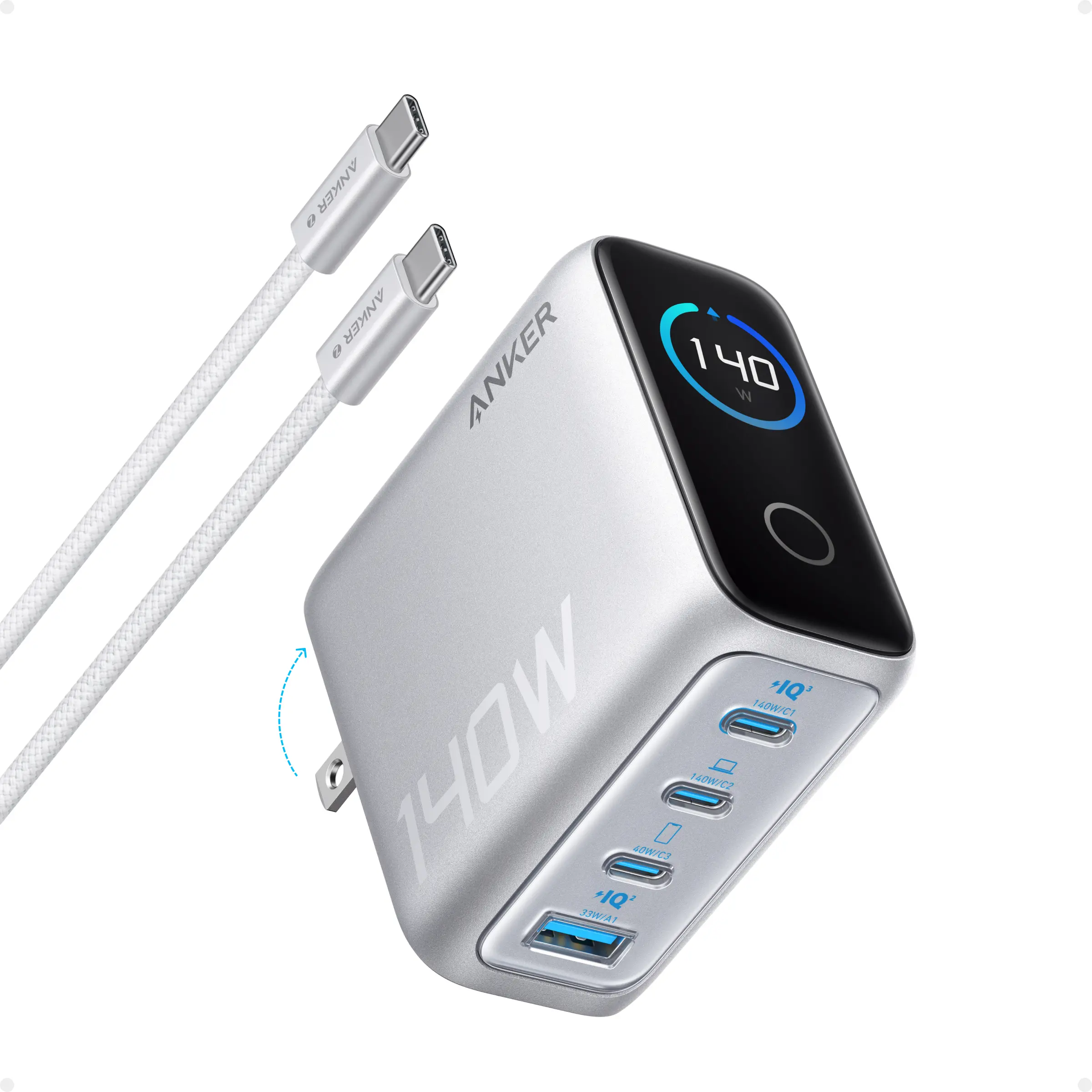 Anker 140W MAX USB-C GaN Laptop Charger - 4-Port Multi-Device Fast Charging, Intuitive Touch Controls, for Electronic Mobile Smartphone Cellphone (MacBook, iPhone 16 Series, Samsung Galaxy, Pixel) yes, Activeshield 2.0 System