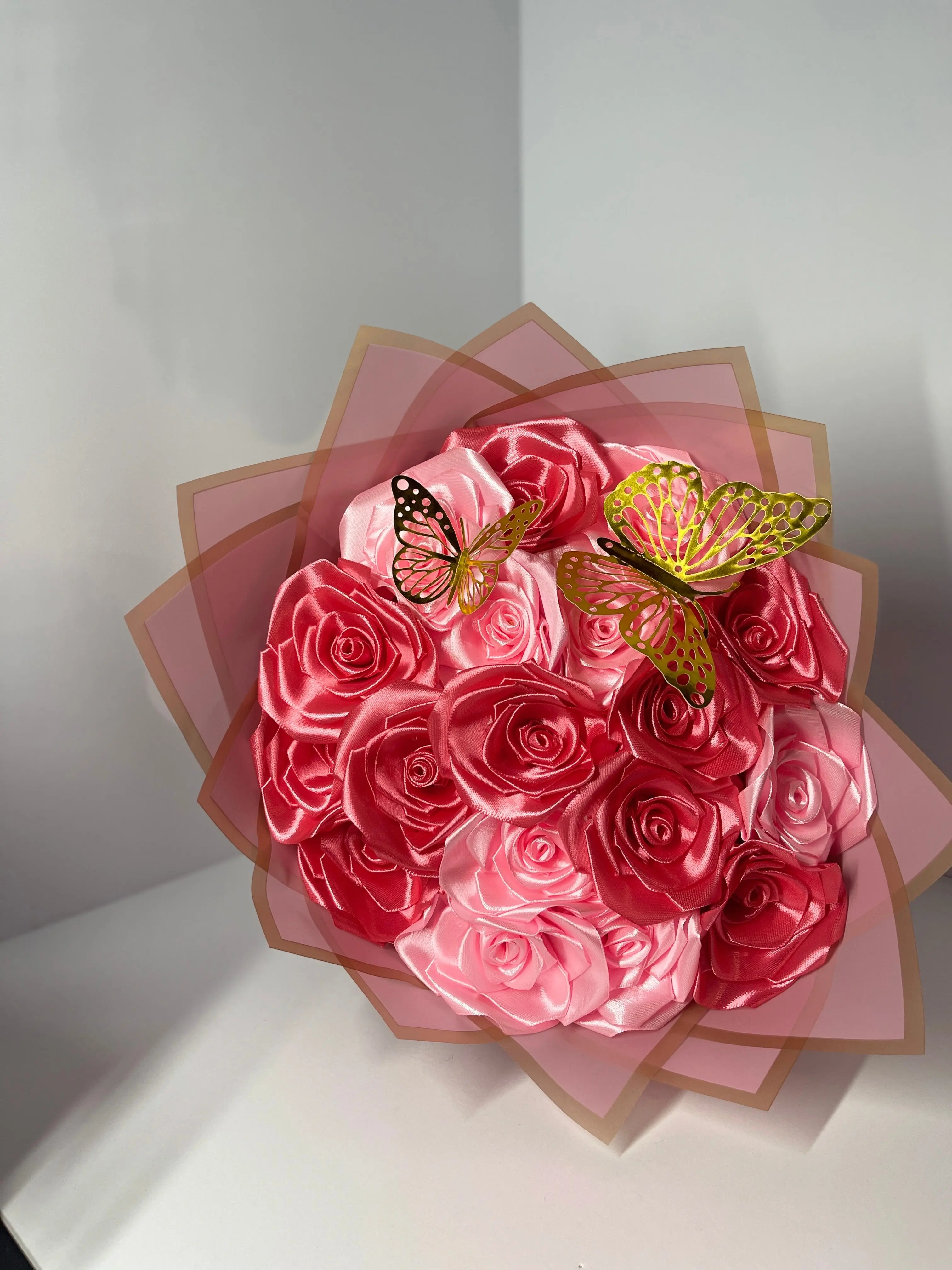 Handcrafted Satin Ribbon Rose Flower Bouquet - Princess Pink Design with Golden Crown, Butterflies, Decor Ornaments for Gifting (Home & Festive Party Supplies)