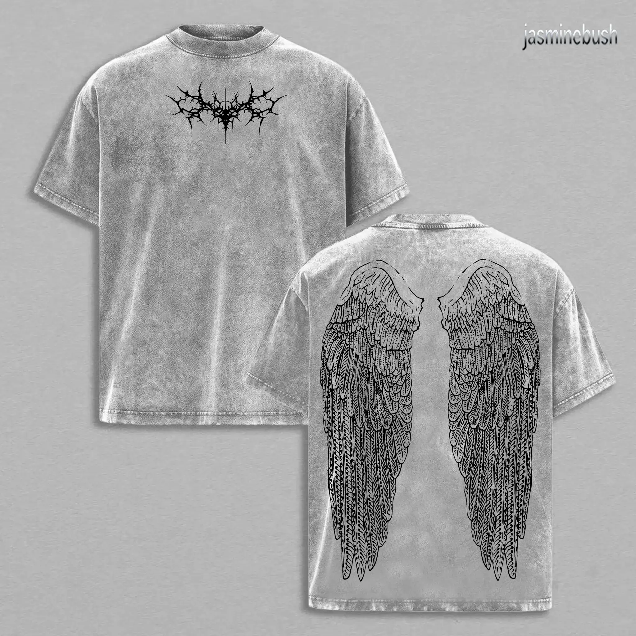 graphic tees  Y2K Gothic Wing Hoodie – Dark Oversized Vintage Hoodie | Washed Wing Graphic T-Shirt for Grunge Streetwear & Anime-Inspired Fashion
