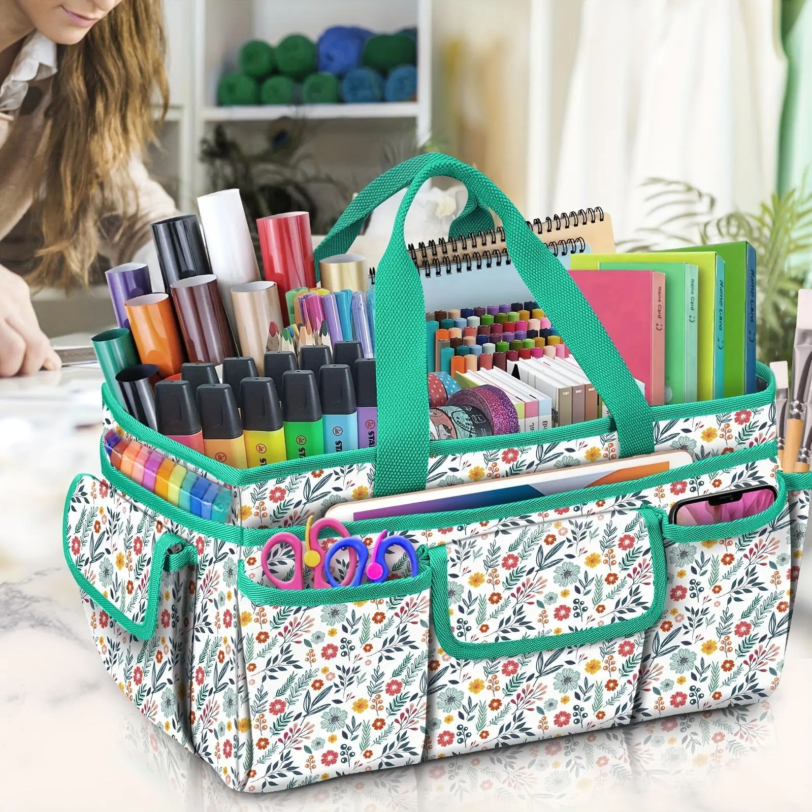 1pc Large Floral Craft Storage Tote Bag with Multiple Pockets - Portable Organizer for Sewing, Art Supplies, Scrapbooking - Durable Polyester, Handle Included (Bag Only), Sewing Storage