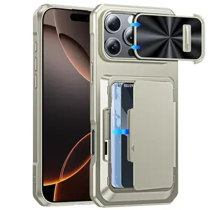 for iPhone 16 Pro/Max Protective Cover with Lens Sliding Window Protection, Super Shockproof, Waterproof, TPU Material, Card Holder Stand-Type Smartphone Cellphone