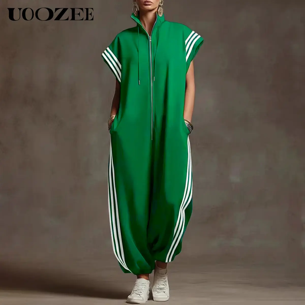 UOOZEE Women's New Summer Casual Side Stripe 100% Polyester Plus Size Contrast Color Pockets Jumpsuits, Loose Short Sleeves Zipper Stand Collar Ninth Pants One-Piece, Loungewear Streetwear Athletic Jumpsuit for Spring Summer Fall Womenswear,summeroutfits,