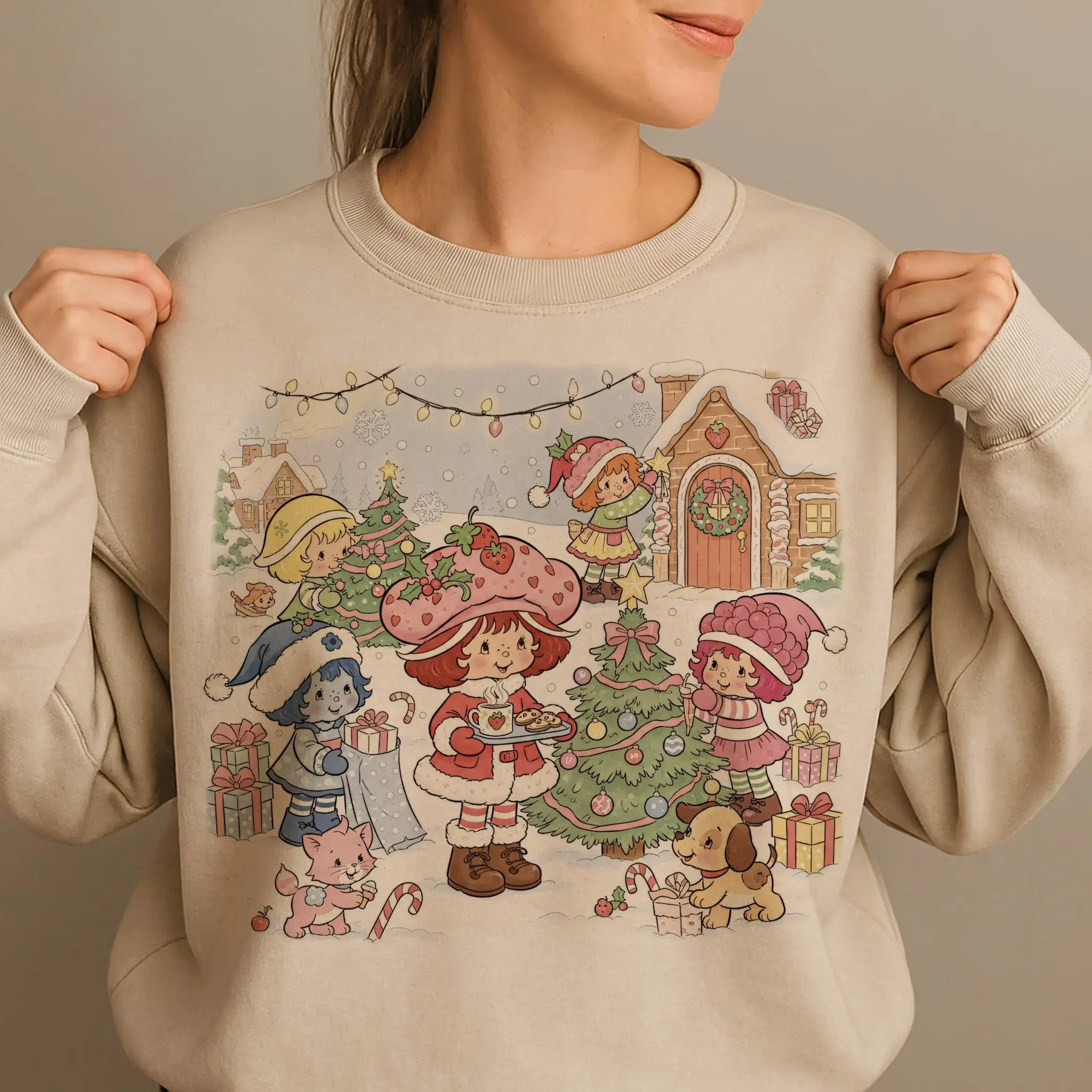 Christmas Berry Cartoon Sweatshirt, Cute Holiday Fruit Clipart Sweatshirt Kawaii Friendship Illustration Sweatshirt