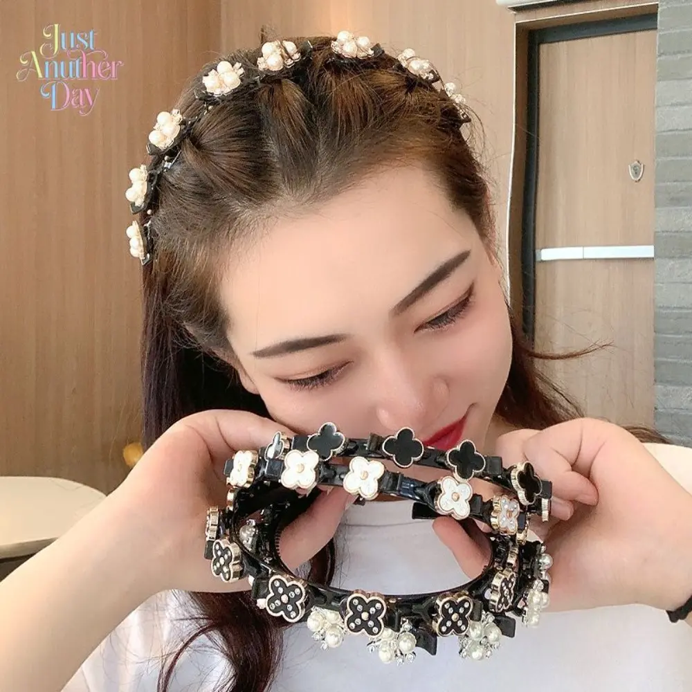 Flower & Pearl Hair Braiding Headband, All-in-One Bangs Fixing Hair Clip, Lazy Styling Hairband for Women