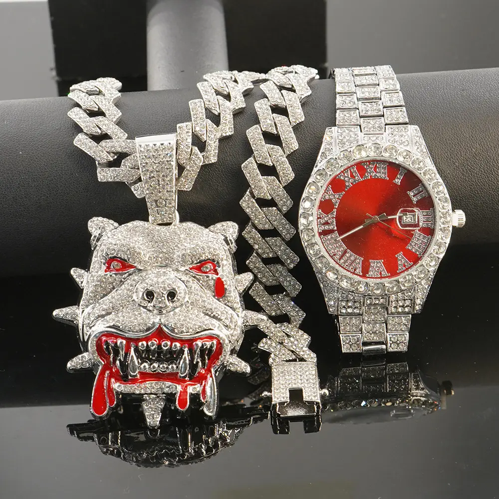 Men's Glamorous 3PCS Set - Rhinestone Diamond-Cut Cuban Link Chain, Bulldog Pendant & Red Dial Watch, Male Street Hip Hop Artificial Gemstone Jewelry