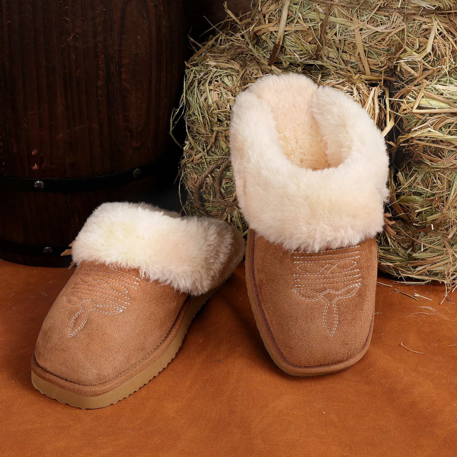 OOW Western Fluffy Slippers for Women Memory Foam Comfy House Cowgirl Boot Slippers for Bedroom Indoor Square Toe Winter Walking Shoes Chestnut
