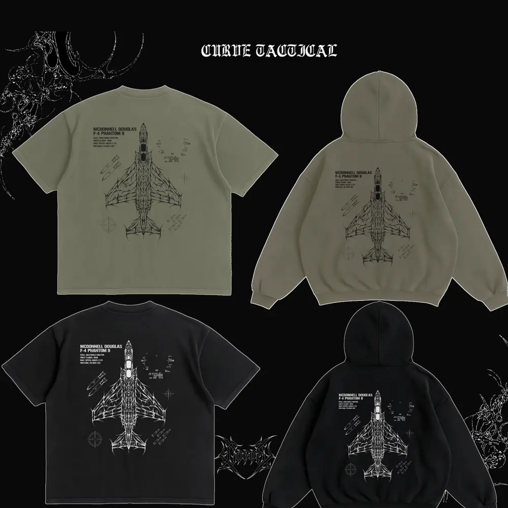 Curve Tactical Military Aircraft Graphic Hoodie | F-4 Phantom II Fighter Jet Streetwear Pullover | Oversized Gothic Tactical Sweatshirt | Black Olive Green | Y2K Grunge Unisex Top Cotton Crewneck