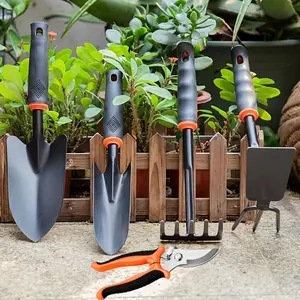 5 Piece Gardening Tool Set - Heavy Duty Rust Proof with Anti-Slip Rubber Handles, 2 Shovels, Rake, Plow & Transplant Tools
